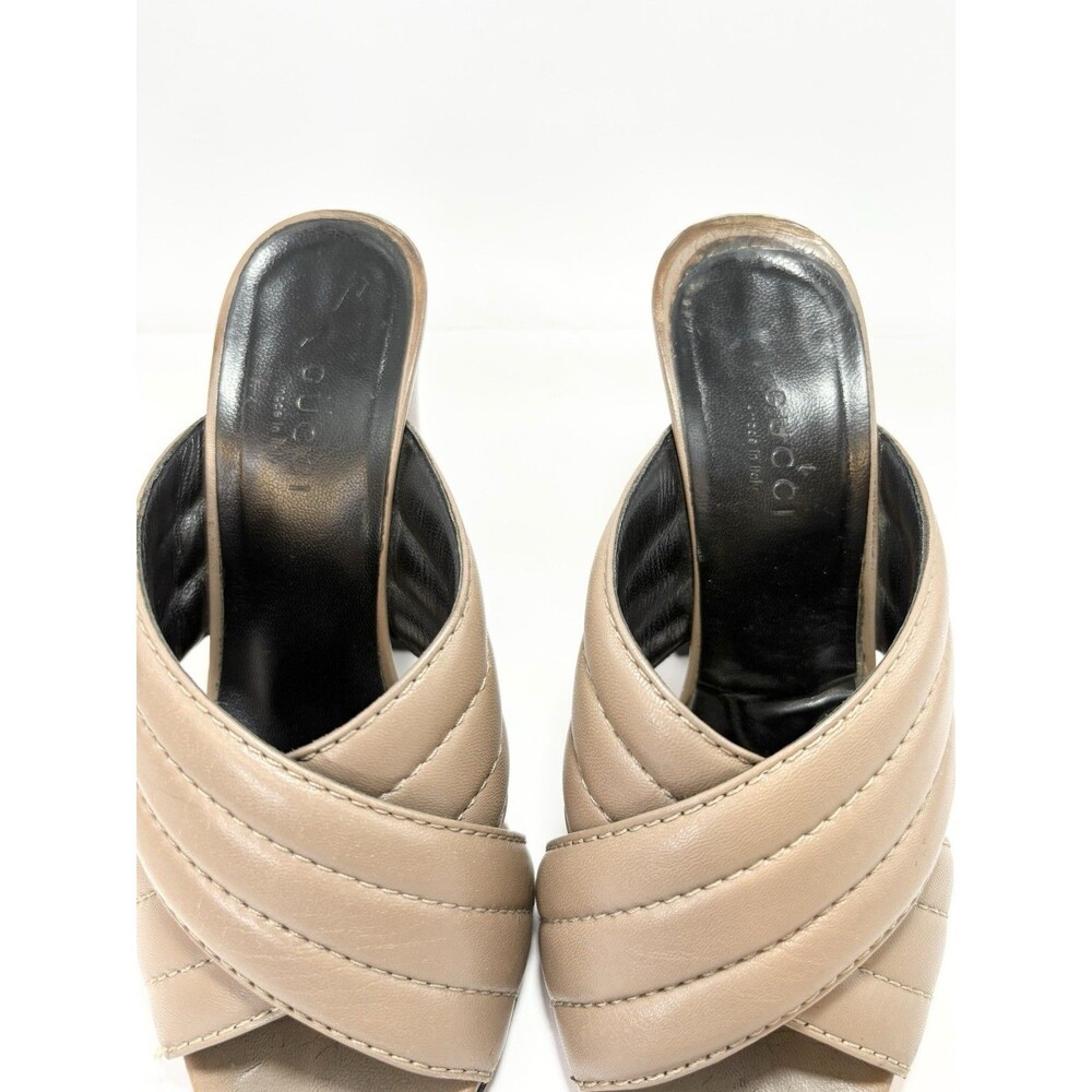 Gucci Block Heels Brown Quilted Leather Open Toe Slides Kid Mules Sz EU 35 5 - Picture 6 of 11